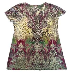 Style & Co Paisley Print T-Shirt Top L Purple Green Henley Embellished Neck Boho